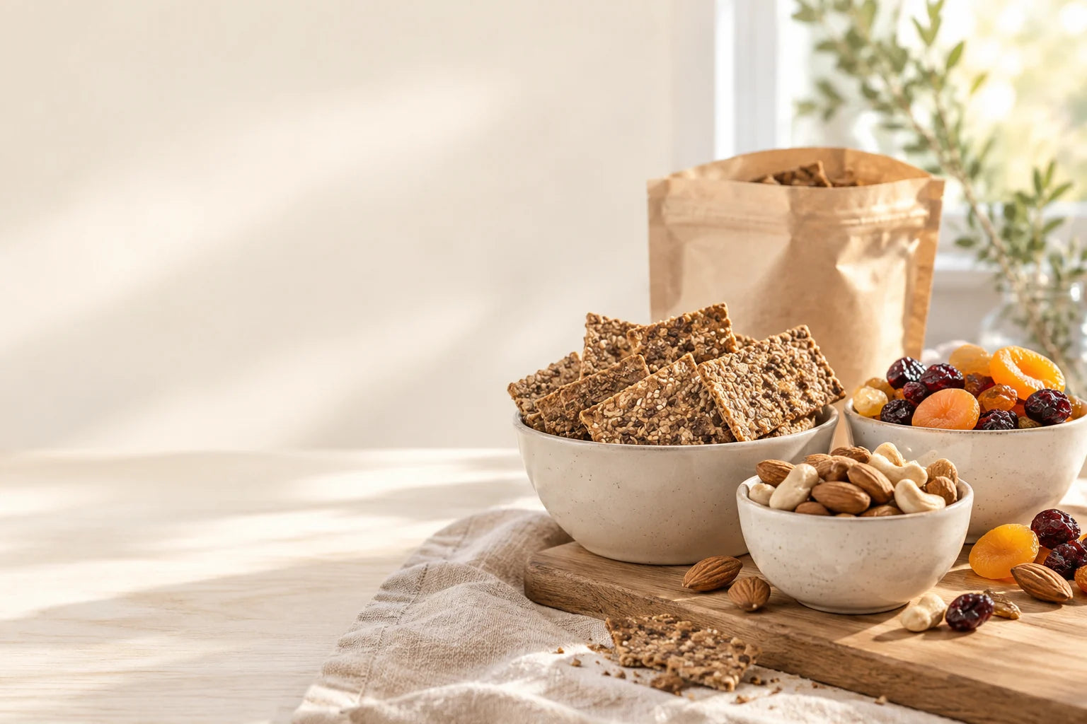 Bowls of nuts, dried fruit and crunchy crackers on a sunlit table