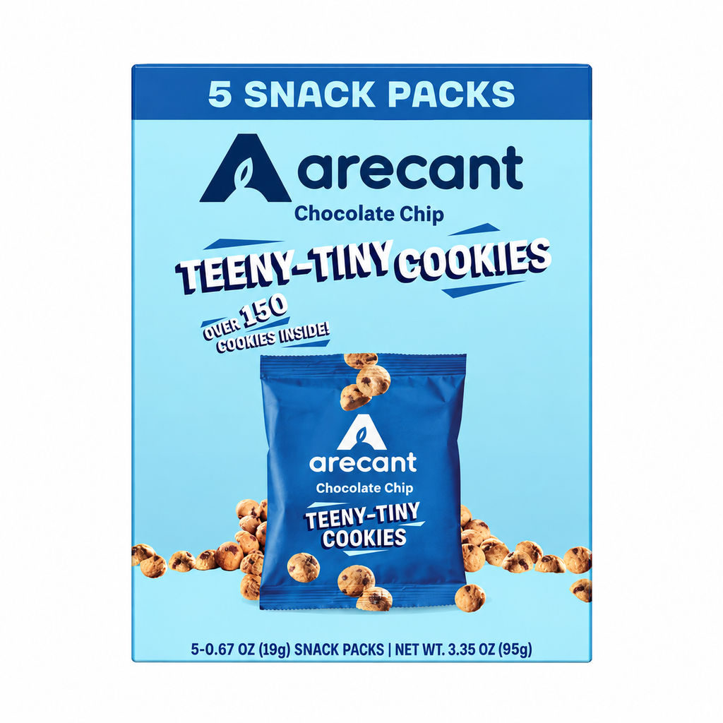 arecant Teeny Tiny Chocolate Chip cookies box with five snack pouches