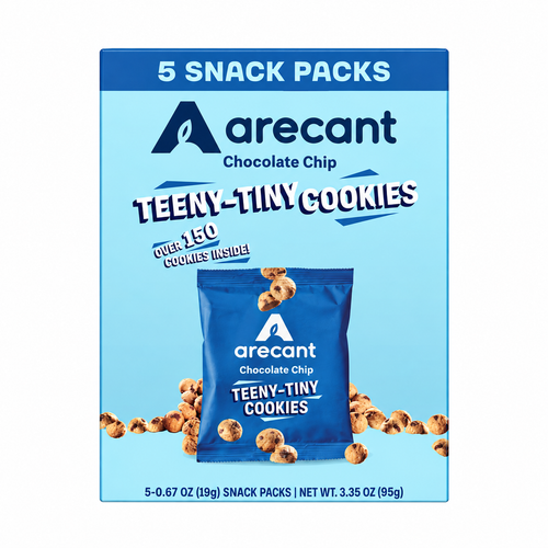 arecant Teeny Tiny Chocolate Chip cookies box with five snack pouches