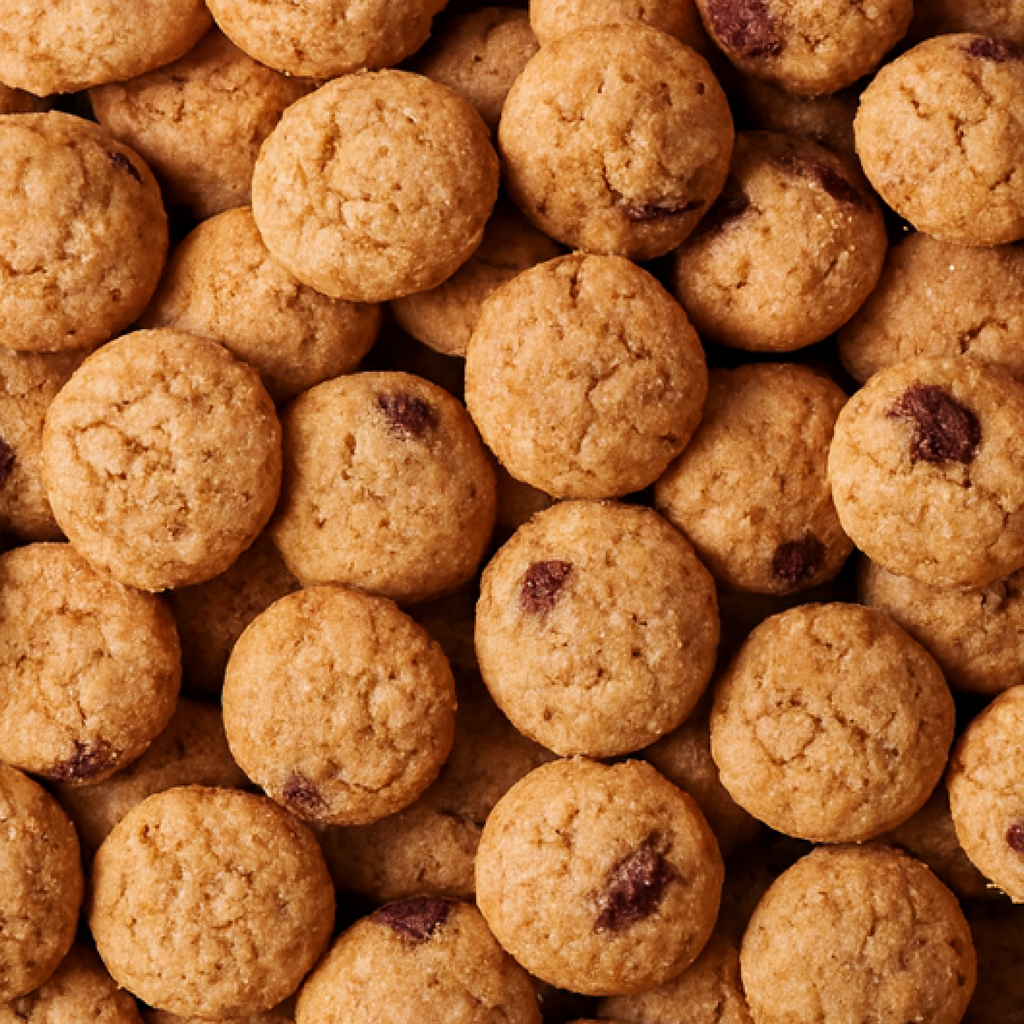 Mini chocolate chip cookies close-up; no text, logos or packaging